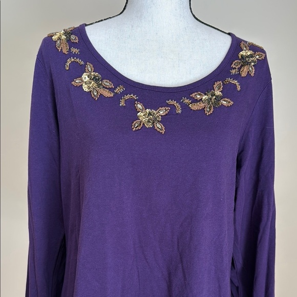 Chico's New NWT Purple Embroidered Sequin Neckline Women's Knit Top 2 L 12 - Picture 2 of 7